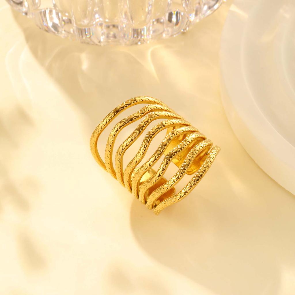 Irregular Texture Wave Opening Ring,Gold Color Stainless Steel Geometric Rings,Women's Jewelry Accessories Gifts