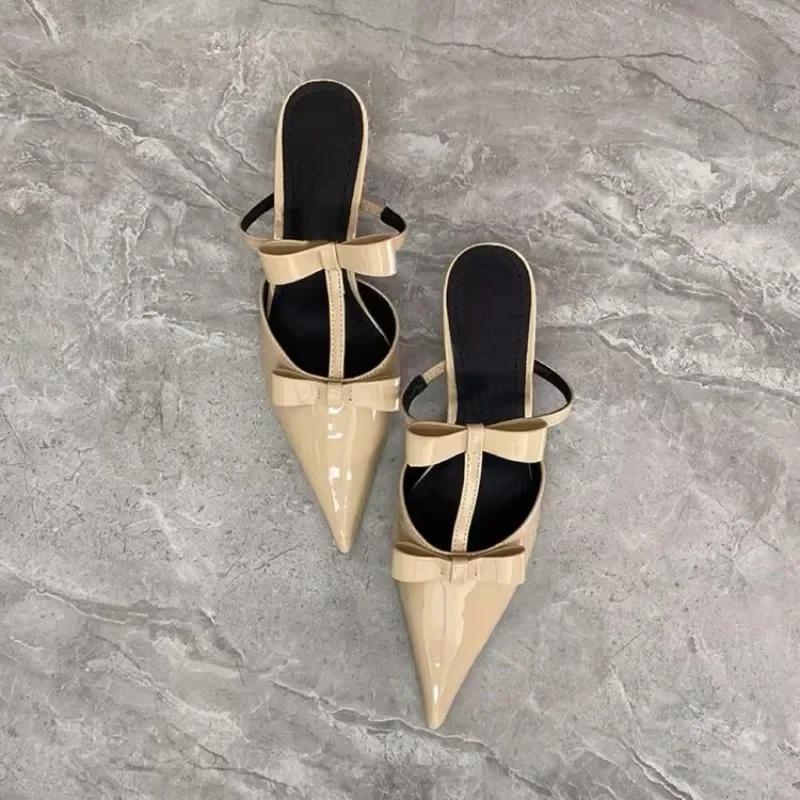 Fashion 2025 New Bow Baotou Half Slippers Women's Summer Wear Temperament Pointed Toe Stiletto High Heel Sandals