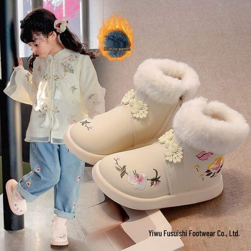 Girls' Hanfu Cotton Boots - 2026 New Flower Embroidery, Chinese-Style Soft Sole, Short Fairy Boots
