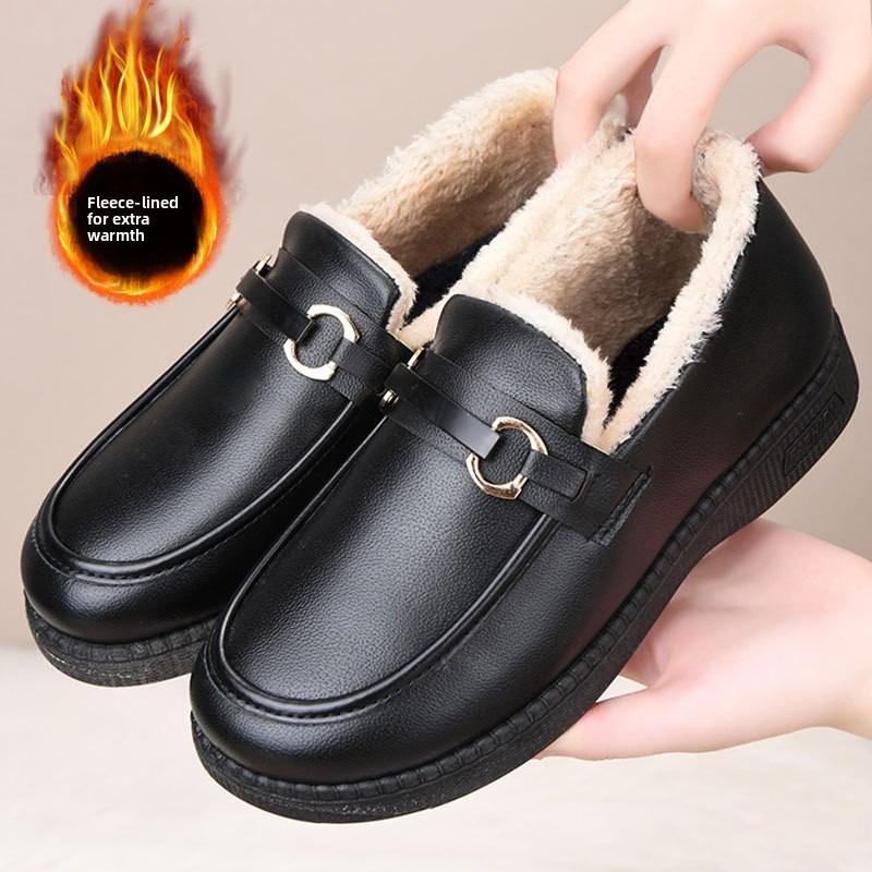 Women's New Winter Snow Boots, Slip-On Faux Leather Fleece Lined Thickened Cotton Boots, Warm Mom Shoes for Middle-Aged and Elderly Women