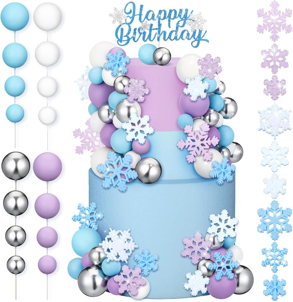 Snowflake Cake Toppers Happy Birthday Cake Topper Set Multicolor Balls Cake Decorations for Christmas New Year Winter Party