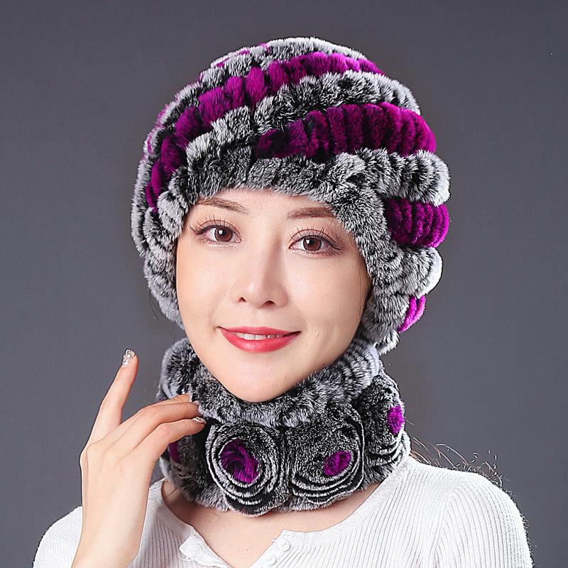 Hat Female Autumn Winter Trendy Versatile Rex Rabbit Hair Cycling Warm Ear Protection Fur Hat Scarf Set