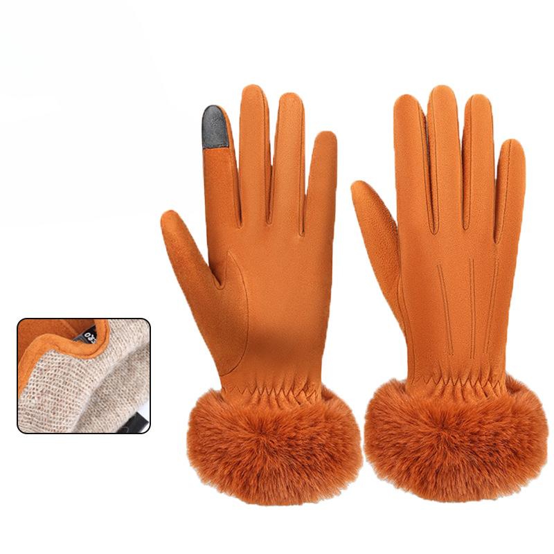 Deerskin Warm Gloves for Women In Autumn and Winter Korean Style Plus Velvet Touch Screen Gloves for Riding and Driving Non Slip Leather Gloves