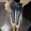 High Waist Plus Velvet Women's Winter 2024 Slim Fit Raw Edge Skinny Jeans