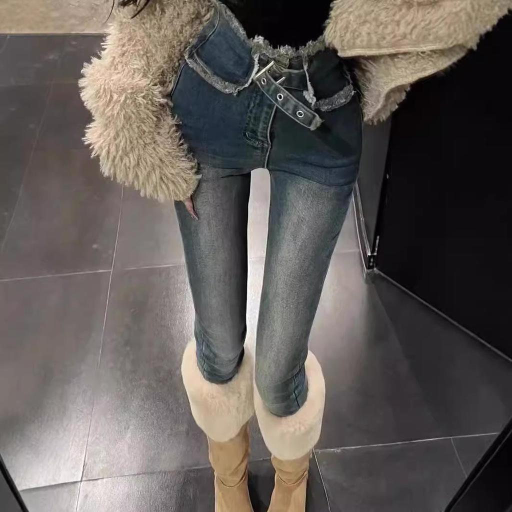 High Waist Plus Velvet Women's Winter 2024 Slim Fit Raw Edge Skinny Jeans