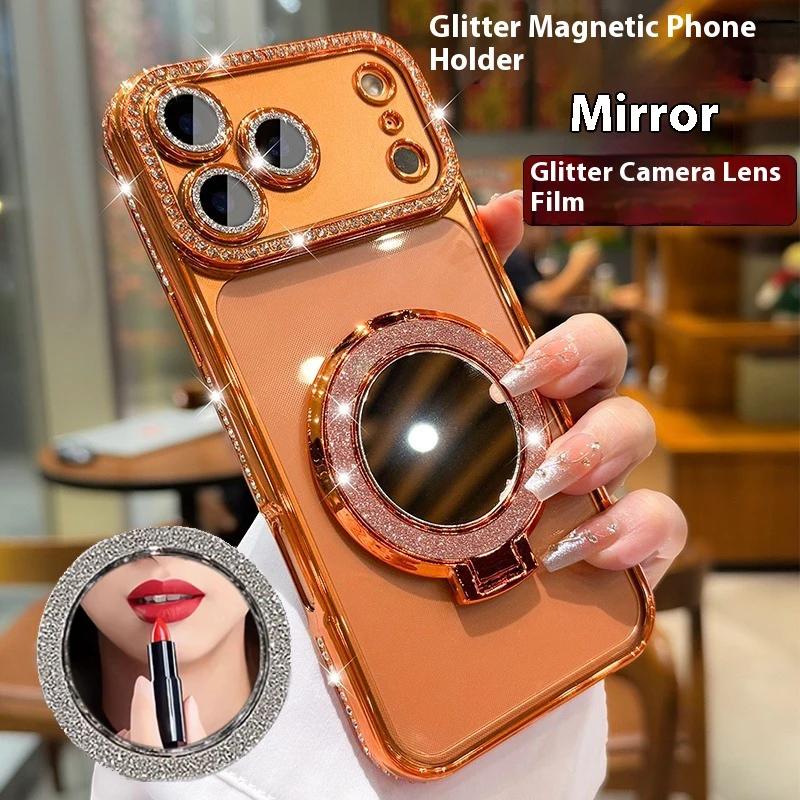Glitzer Objektivfolie Spiegelständer Klare Handyhülle Für iPhone 17 16 15 14 13 12 11 Pro Max Plus Air Mit Magnetischem Ringhalter Abdeckung