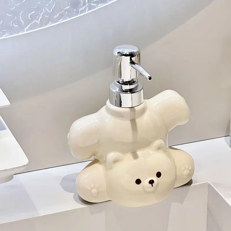 400ml Soap Dispenser Cute Little White Bear Ceramic Lotion Hand Wash Bottle Toilet Shampoo Dispensing Press Bottle Dispenser