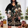 Women s Plus Size V Neck Long Sleeve Printed White Beige Fitted Midi Dress