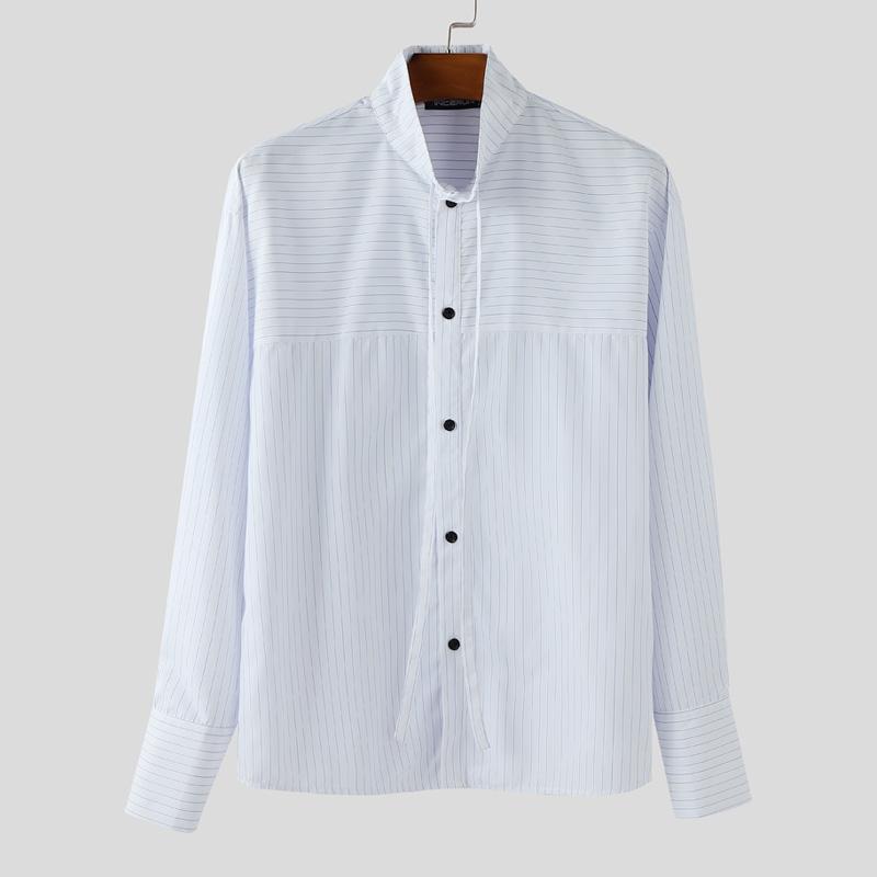INCERUN Men Spring Stand Neck Long Sleeve Striped Casual Oversized Shirts Tops