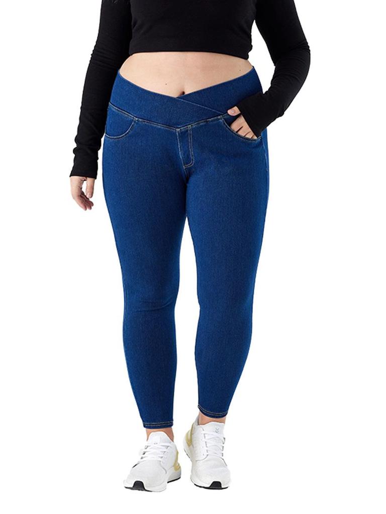 Women's High-Waist Cross-Waist Denim Skinny Jeans - Plus Size, Slimming Fit, Casual