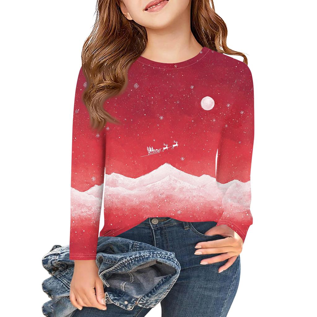 T-shirts à manches longues pour filles pour le jour de Noël, hauts d'automne pour enfants, t-shirts basiques à col rond imprimés