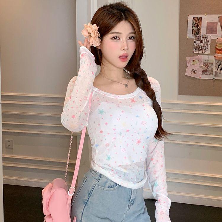 American Sweet Star Sun Protection Printed Long-Sleeve T-Shirt Slim-Fit One-Shoulder Summer Top Spicy Girl Women's Blouse