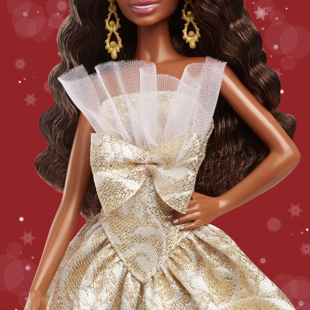 Barbie Holiday Barbie Wave Hair Signature Black Doll House for Pretend Ages 6 and Gold Dress-Up Play, Up, (JBH96)