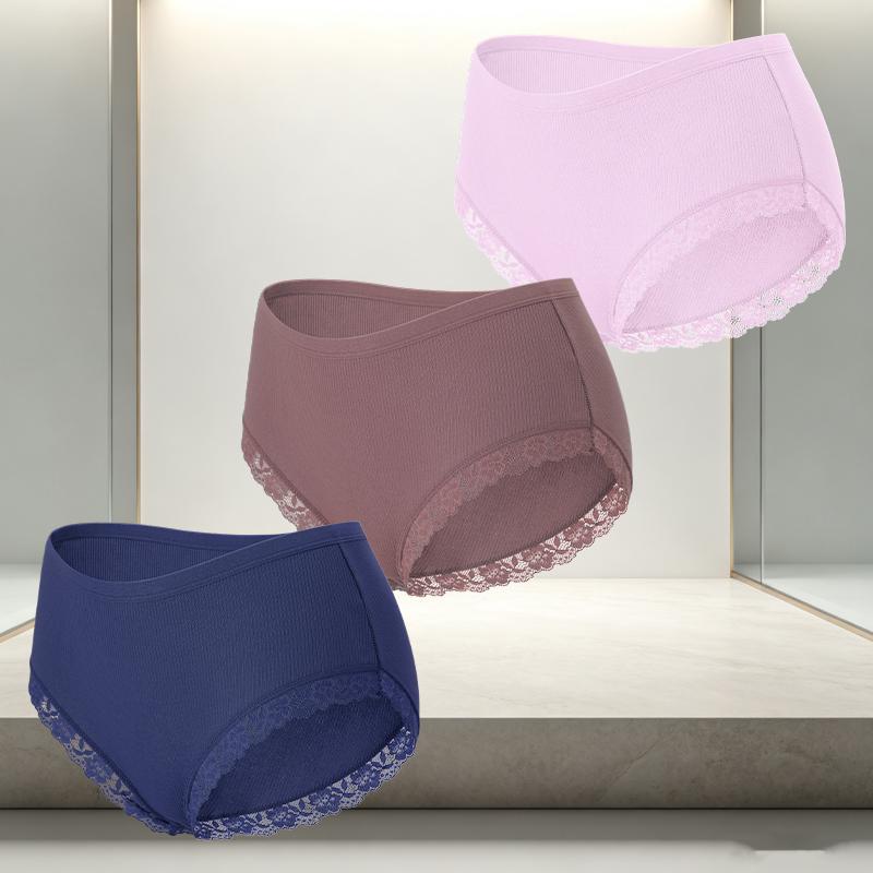 FINETOO 3Pcs/Set Women's Cotton Patchwork Lace Underwear Solid Color High Rise Ribbed Underpants Soft Breathable Panties Female Lingerie