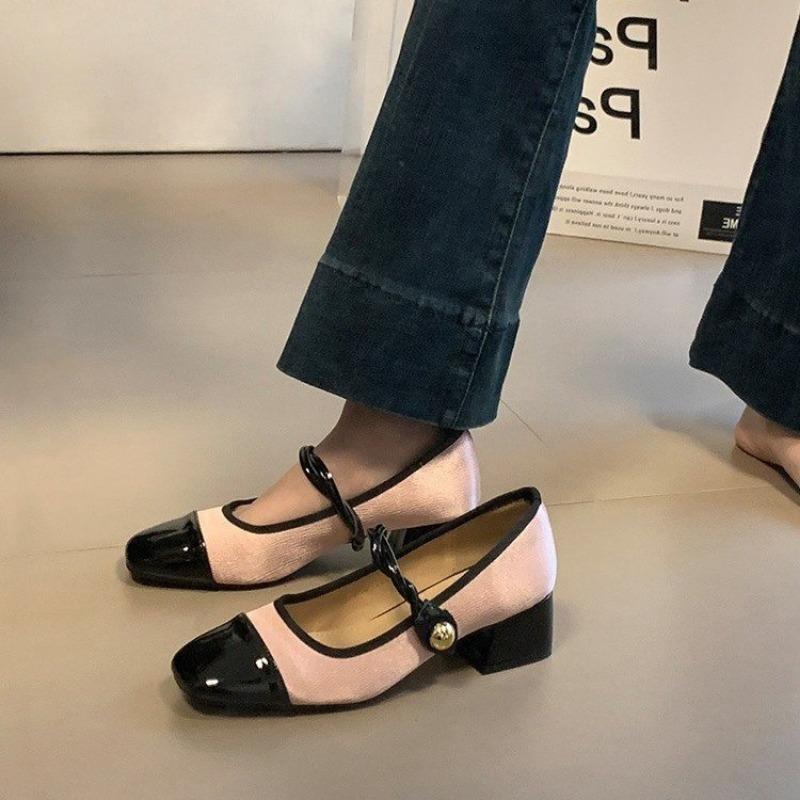 Women's Mixed Color High Heels Buckle Mary Jane Shoes Black Toe High Heels Fashion Patchwork Women Heels