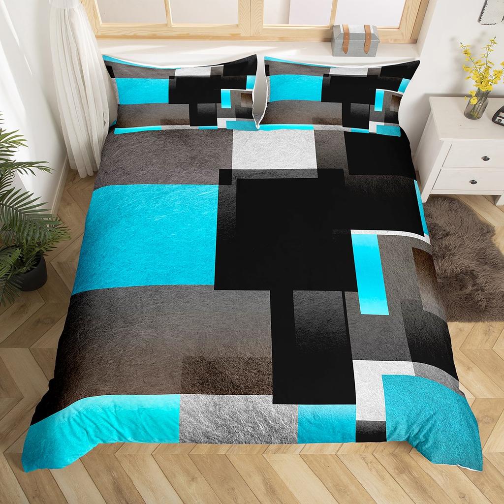 Homewish Geometric Anstract Duvet Cover Set For AdultPink Grey Square Bedding SetModern Fashion Bed Set