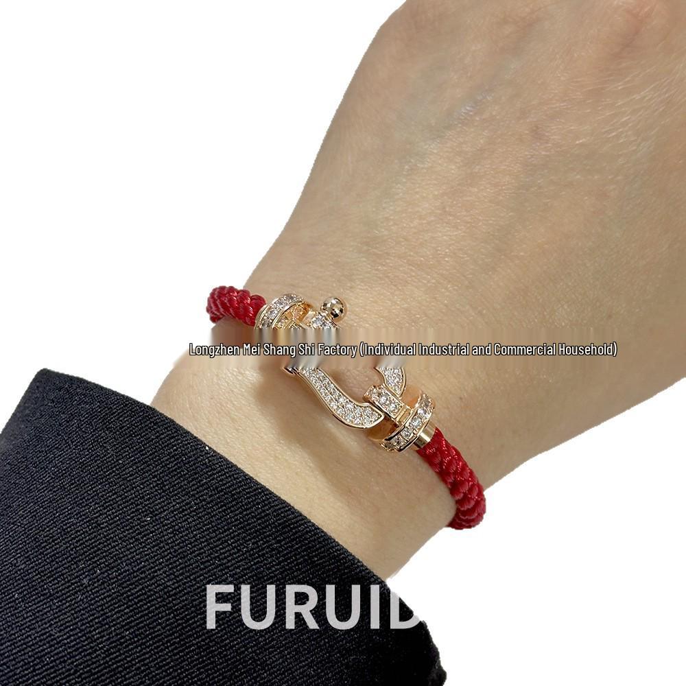 Bracciale Fred Placcato Oro 18k con Ferro di Cavallo Diamantato Zodiaco Corda Rossa - Unisex Stile Fai da Te a Forma di 8
