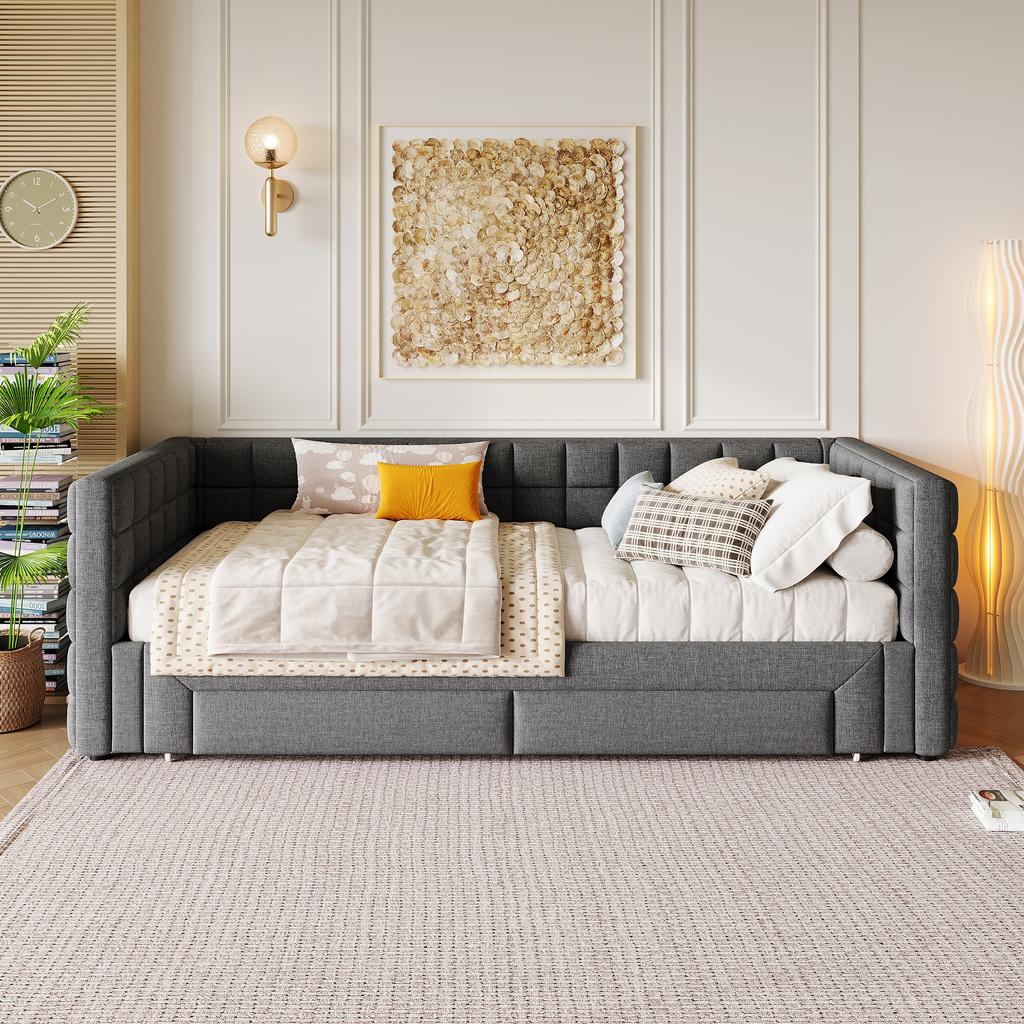 Cama de día, Cama de día, 90 x 200 cm, Sofá cama con respaldo cuadrado, Cama extraíble (Extensible a 180 Tamaño Queen), 2 Cajones, sin Colchón, Gris