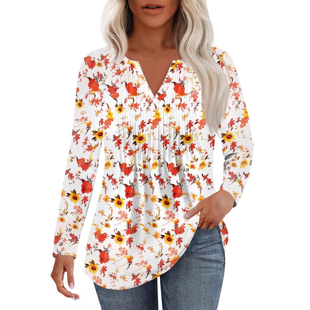 Dámská móda Ležérní Plisované Tričko s V výstřihem a Dlouhým Rukávem Elegantní Top