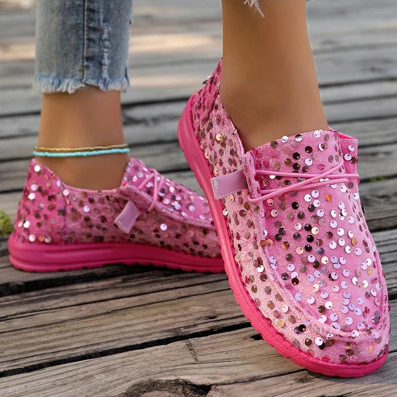 Hot Seller 2024 Novelty Shiny Sequins Flat Loafers Women's Shallow Mouth Lacing Soft Bottom Sneakers Solid Slip-on Large Size 43