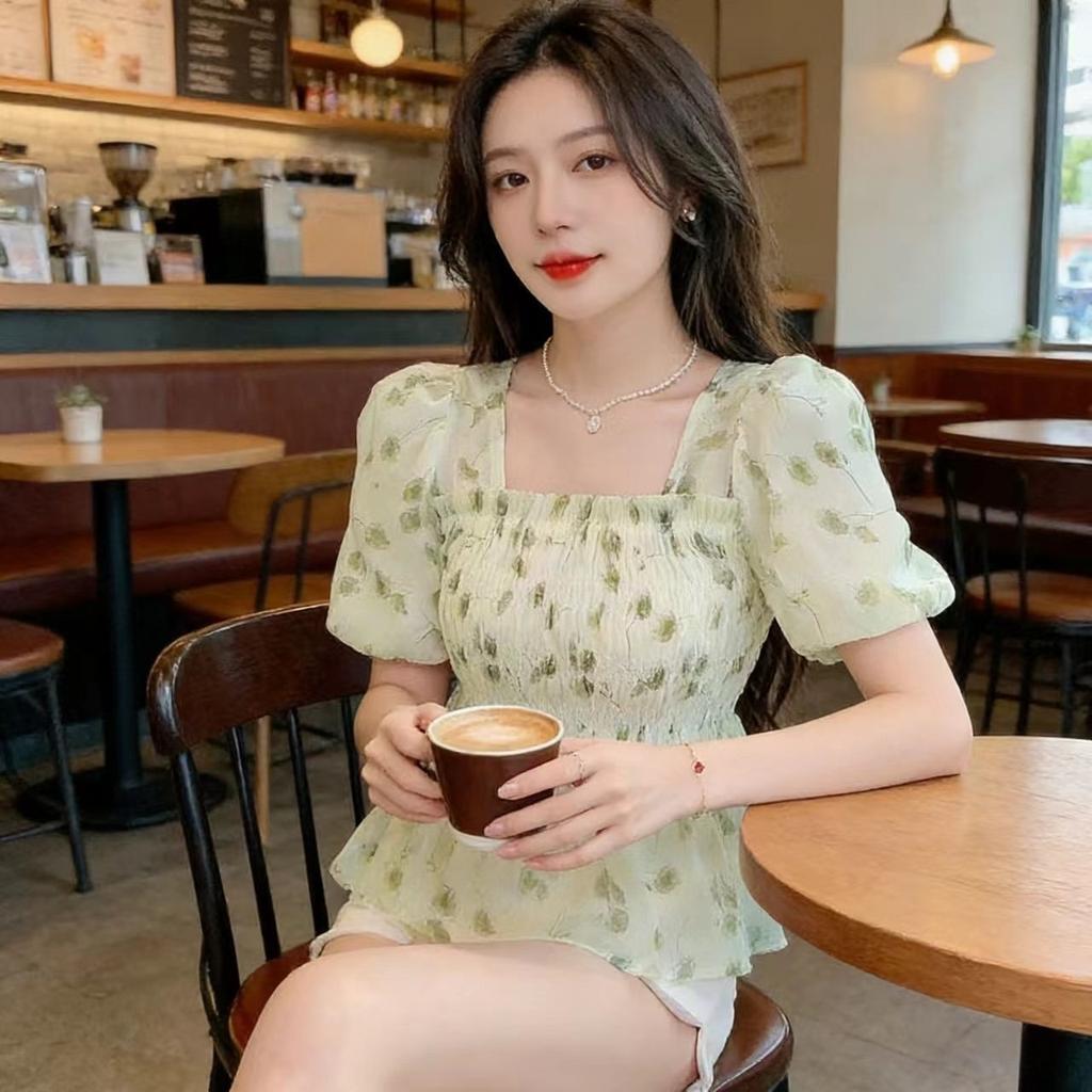 Princess short square collar coffee break light color new flared sleeves slim slim and sweet French casual short-sleeved top women