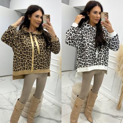 Women's New Spring and Autumn Sweater Long-sleeved Hooded Loose Leopard Print Top