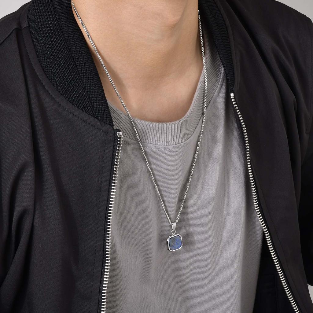 Vnox Stackable Men Necklaces Set, Geometric Square Lapis Lazuli Stone Pendant, Casual Male Boy Collar