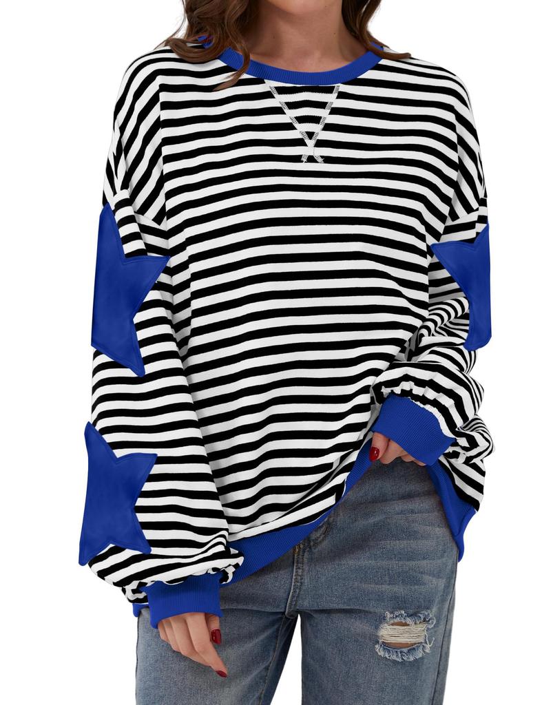 Women's Crew Neck Long Sleeve Sweatshirt A Line Fit Striped Star Patchwork Casual Spring Pullover Top