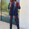 Women Plus Size Round Neck Long Sleeve Blue White Red Printed Top Fitted Pants Two Piece Set