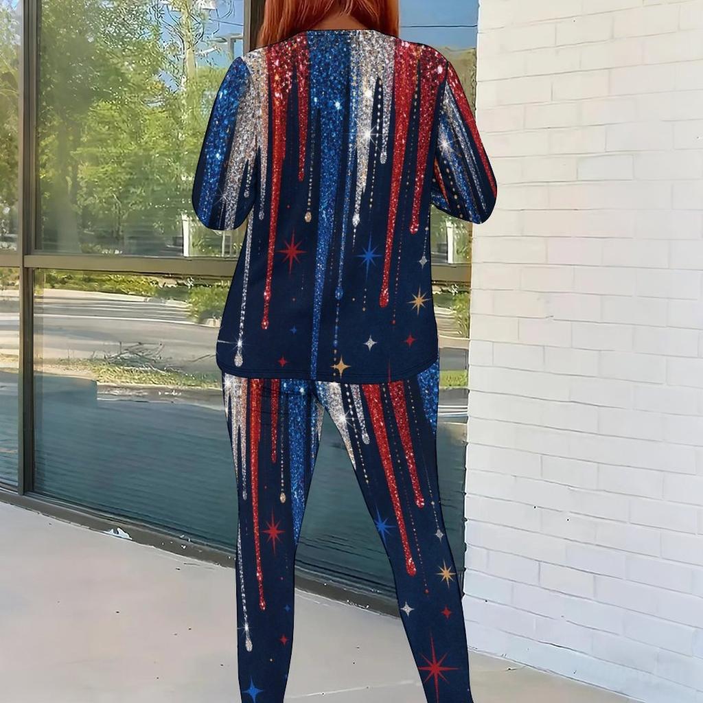 Women Plus Size Round Neck Long Sleeve Blue White Red Printed Top Fitted Pants Two Piece Set