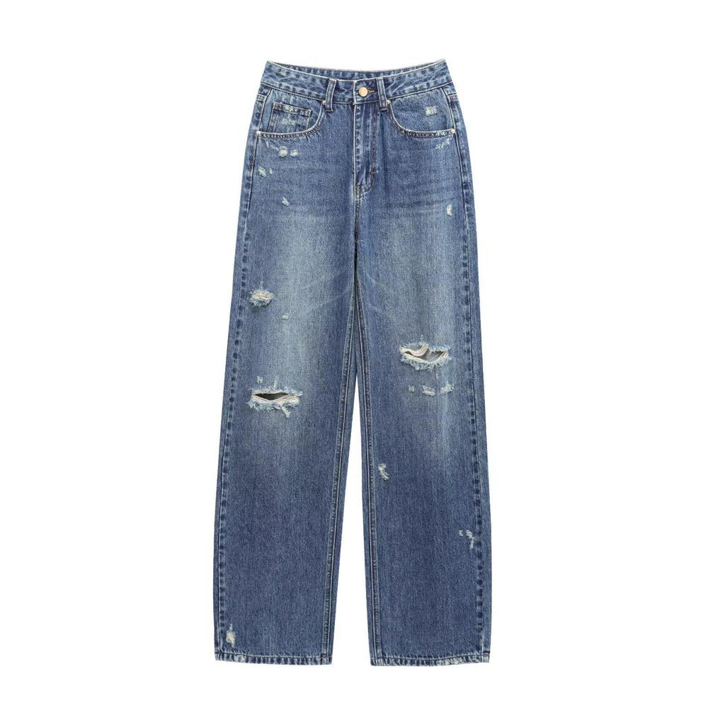 2025 Spring Women's High-Waist Ripped Denim Jeans: European & American Style