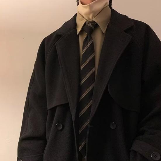 Men Windbreaker Lapel Long Sleeve Double-Breasted Casual Coat Autumn Winter Mid-length Outwear Solid Color Loose Fit Woolen Coat with Pockets