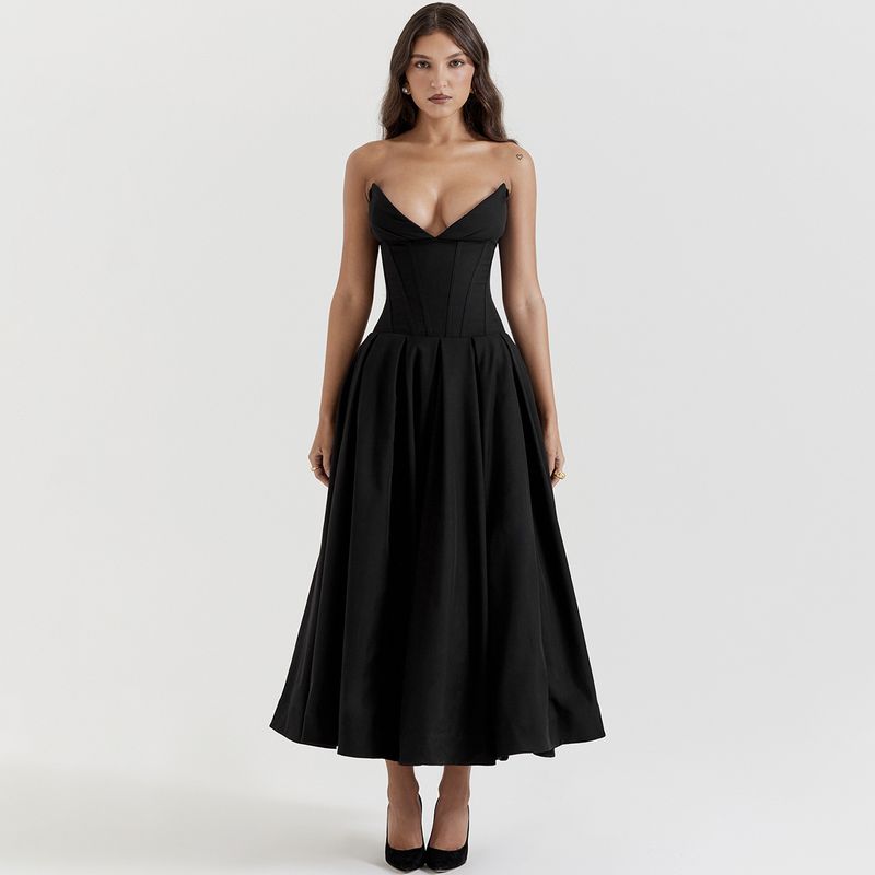 Fall 2024 New Arrival Graceful Tube Top Swing Long Formal Dress V Sharp Angle Fishbone Cinched Waist Slim-Fit Dress