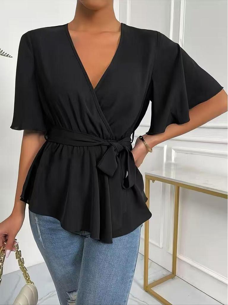 European & American Hot Selling Solid Color Elastic Waist Flare Sleeve Women's Summer Top