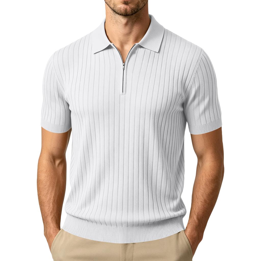 Men's Summer Short Sleeve Polo Shirt Ribbed Knit Half Zip Collar Casual Lightweight Breathable Pullover Top for Everyday Wear
