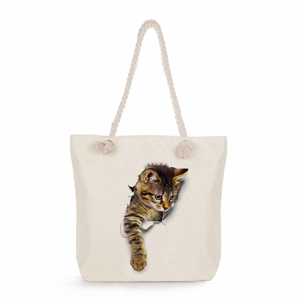 Cat print thick rope single-shoulder beach bag 7268 CLE
