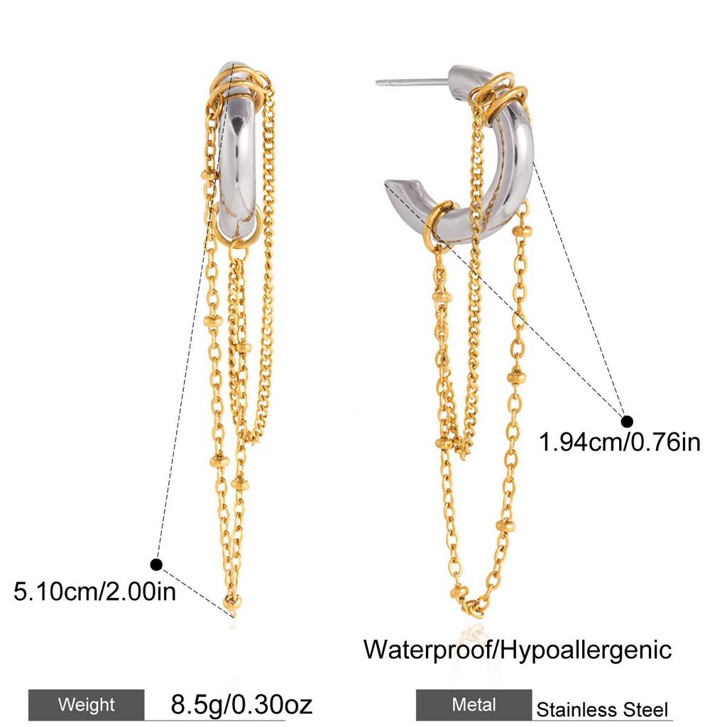 Yori Statement Gold Silver Color Blocked Chain Tassel C Earrings 18K PVD Plated Stainless Steel Charm High Quality Party Jewelry