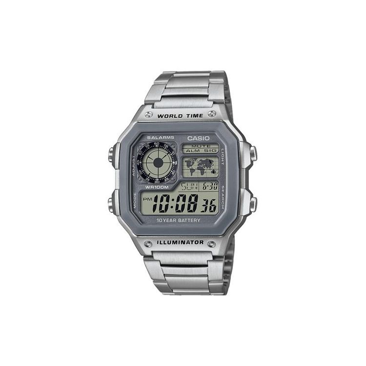 Casio Youth Series Square Dial Digital Retro Small Square Waterproof Quartz Movement Stainless Steel Strap Men watches Gray AE-1200WHD-7A Regular Watch Box,Silver Strap