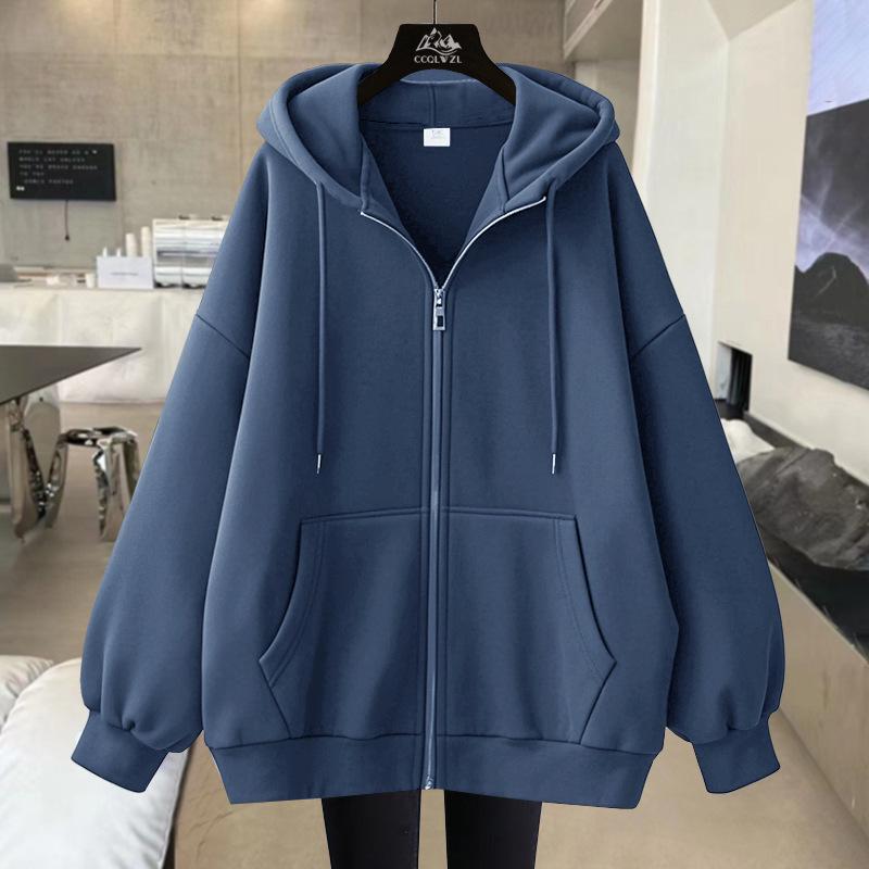 Fleece-Lined Cardigan Hoodie for Autumn/Winter - Loose Fit Sporty Style with Zipper