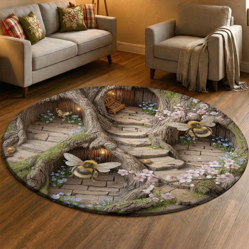 Tree Hole Staircase Circular Carpet Visual 3D Plant Flower Anti Slip Door Mat Living Room Bedroom Kitchen Decoration Rug