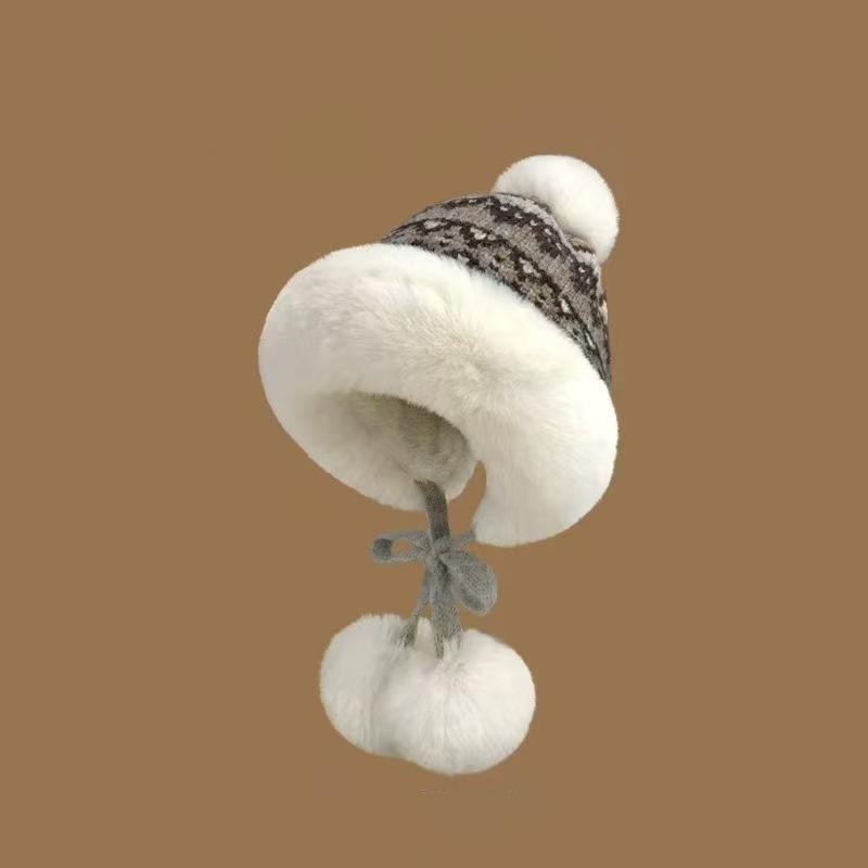 Bonnet Tricoté Rétro Style Îles Féroé pour Femmes Chapeau Chaud Automne Hiver Polyvalent Mignon Chapeau Oreilles Protection Pompon
