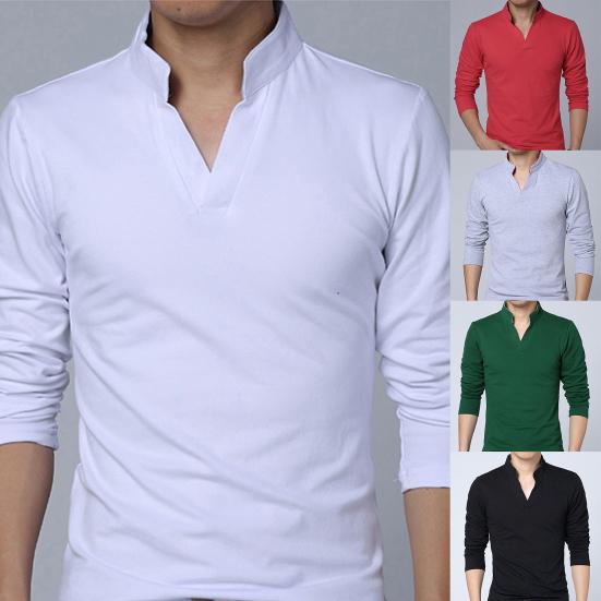 Men T-shirt Solid Color Long Sleeve V Neck Slim Pullover Top for Spring