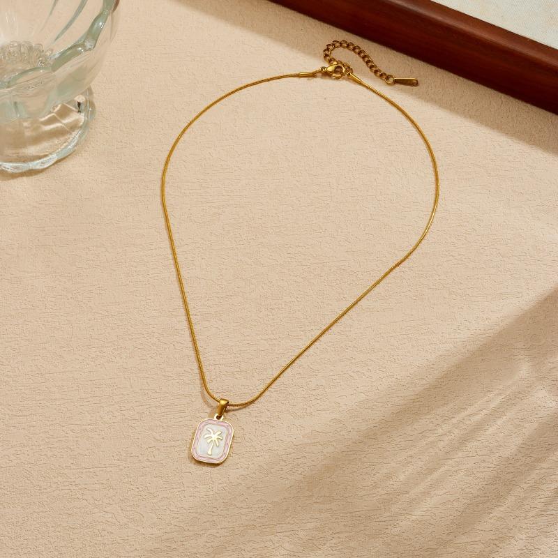 Gold Plated Stainless Steel Coconut Tree Enamel Pendant Necklace for Women золотой