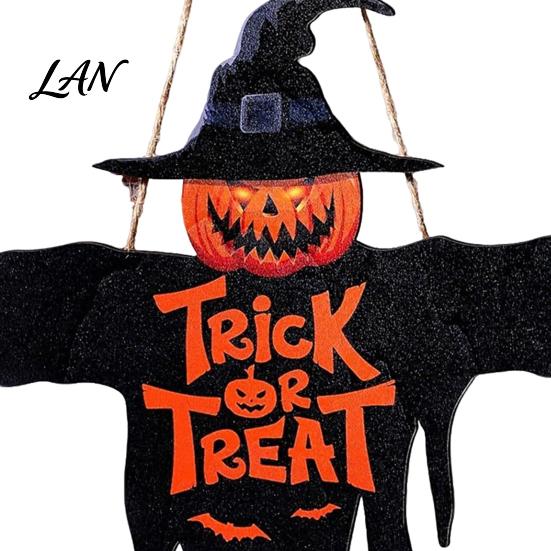 Halloween Window Decoration Wooden Hanging Door Sign, Scarecrow Pumpkin Wizard Ornament, Trick or Autumn Holiday Wall Decor Treat Plaque, Rustic Party