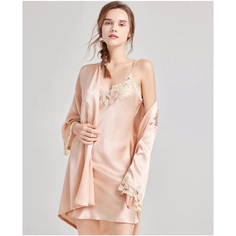 2pcs Woman Sexy Pajamas Sleepwear Set Lace Robe Nightdress Lingerie Bathrobe 100% Silk Satin Home Clothes Nightwear for Ladies