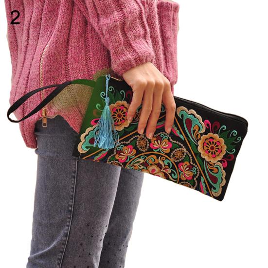 Women Ethnic Embroidered Wristlet Clutch Bag Zipper Purse Long Wallet Pouch