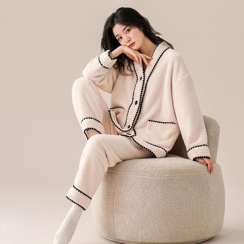 Coral Fleece Pajamas Women'S Winter 2024 Thickened Fleece Autumn And Winter Casual Flannel Loungewear Warm Suit
