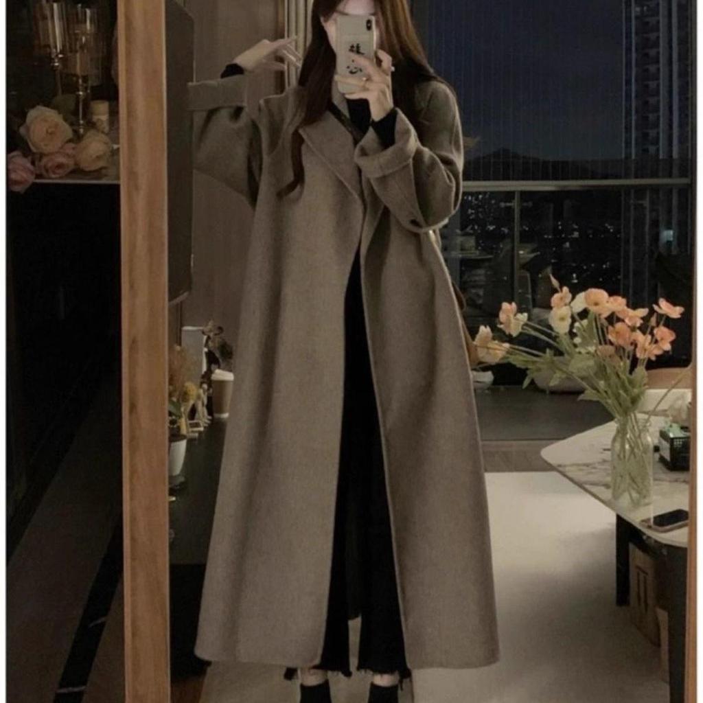 Women's Plus Size Hepburn Wool Coat: Winter Long Over-the-Knee, Loose Slimming Design (2-300 Jin)