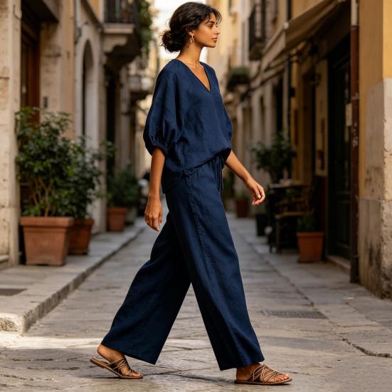 Women's Casual 2 Piece Lounge Sets Puff Half Sleeve V Neck Top And Wide Leg Pants Travel Vacation Outfits with Pockets