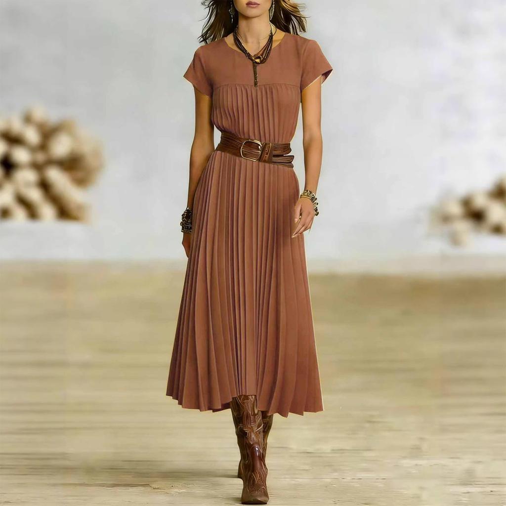 Women's Fashionable Color Round Neck Short Sleeved Pocket Pleated Loose Dress